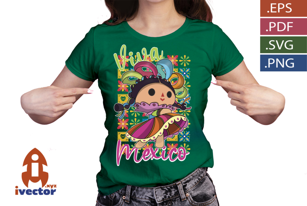 100-Mexicana-–-Munequita-tradicional-Mexicana-con-vestido-1 Muñequita Mexicana Tradicional Colorida | Vector para Estampado