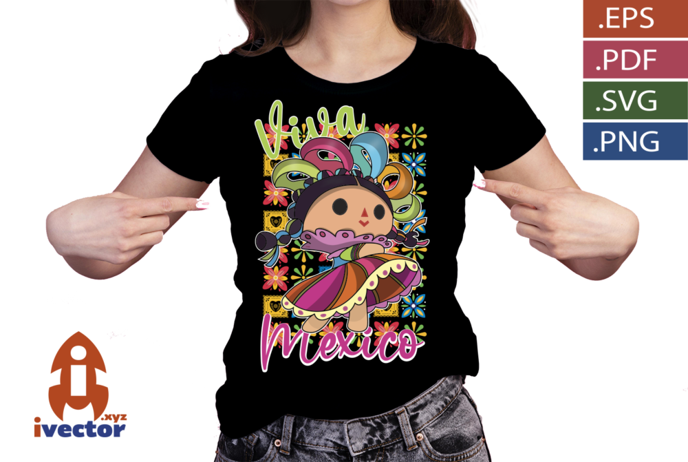 100-Mexicana-–-Munequita-tradicional-Mexicana-con-vestido-2 Muñequita Mexicana Tradicional Colorida | Vector para Estampado