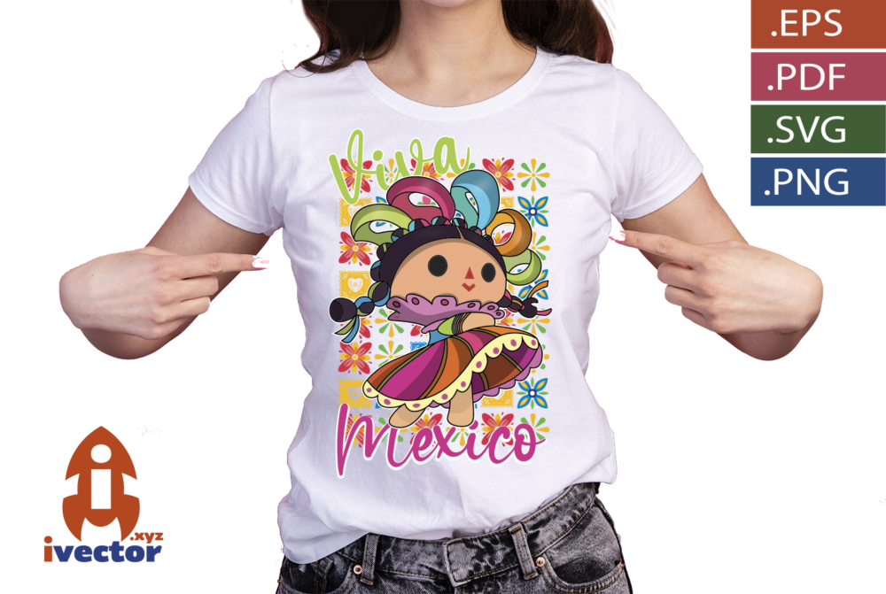100-Mexicana-–-Munequita-tradicional-Mexicana-con-vestido-3 Muñequita Mexicana Tradicional Colorida | Vector para Estampado