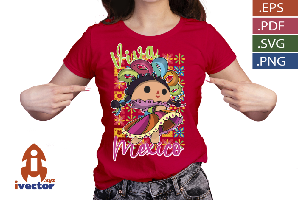 100-Mexicana-–-Munequita-tradicional-Mexicana-con-vestido-4 Muñequita Mexicana Tradicional Colorida | Vector para Estampado