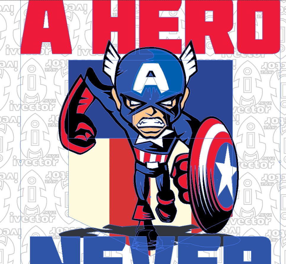 A-HERO-NEVER-BLACKS-DOWN_Mesa-de-trabajo-2 Superhéroe Patriótico con Escudo: Diseño Vectorial de Acción para Estampados