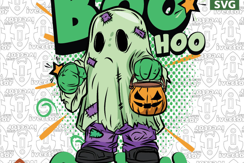 BOO HOO Halloween Ghost Cartoon Vector – Fantasma Verde con Calabaza | Vector de Fantasma Halloween