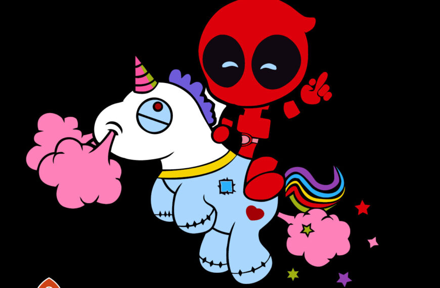 DEADPOOL MONTANDO UNICORNIO COLORES EPS PDF EDITABLE