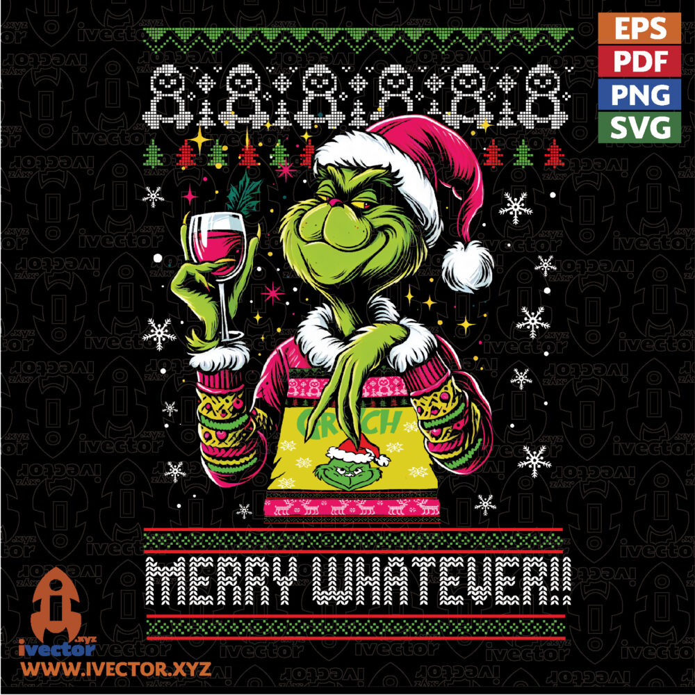 Diseno-Navideno-Monstruo-Verde-Divertido-Merry-Whatever-con-Copa-de-Vino VECTORES Y RECURSOS