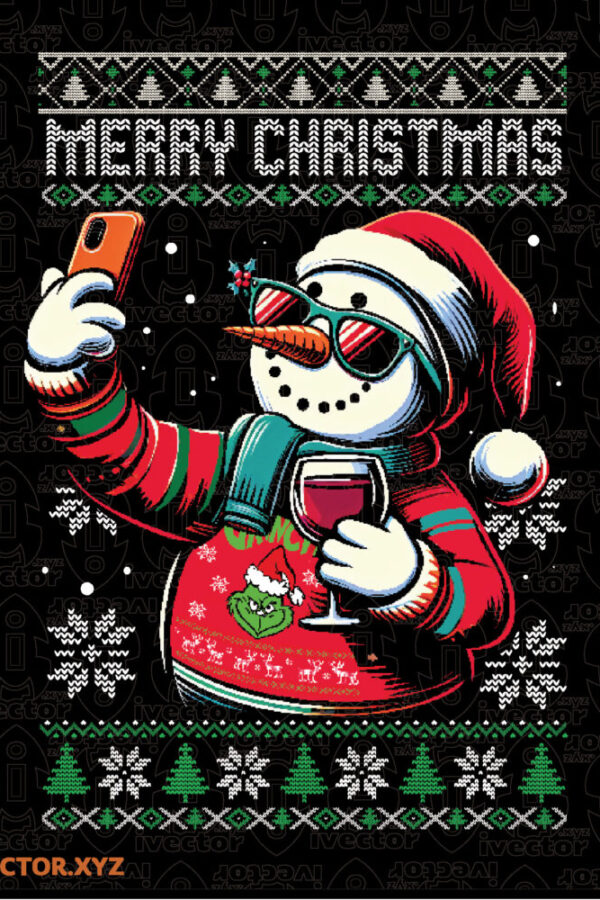 Diseno-Navideno-Muneco-de-Nieve-con-Selfie-y-Copa-de-Vino-Merry-Christmas-600x900 VECTORES Y RECURSOS