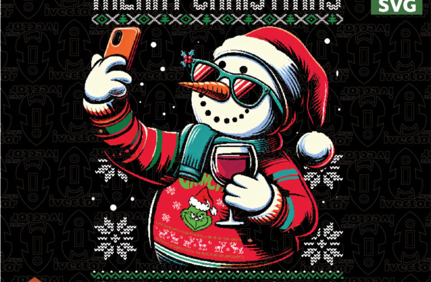 Diseño Navideño Muñeco de Nieve con Selfie y Copa de Vino: «Merry Christmas»