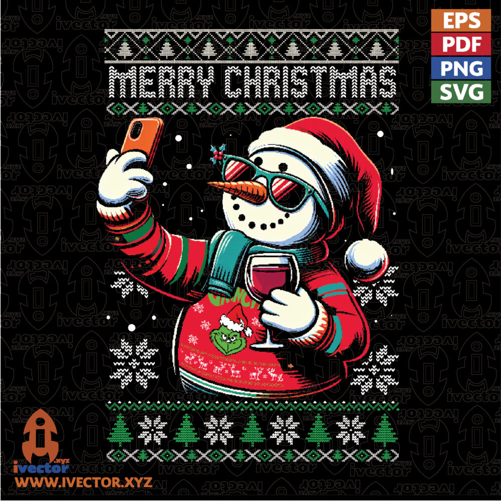 Diseno-Navideno-Muneco-de-Nieve-con-Selfie-y-Copa-de-Vino-Merry-Christmas VECTORES Y RECURSOS