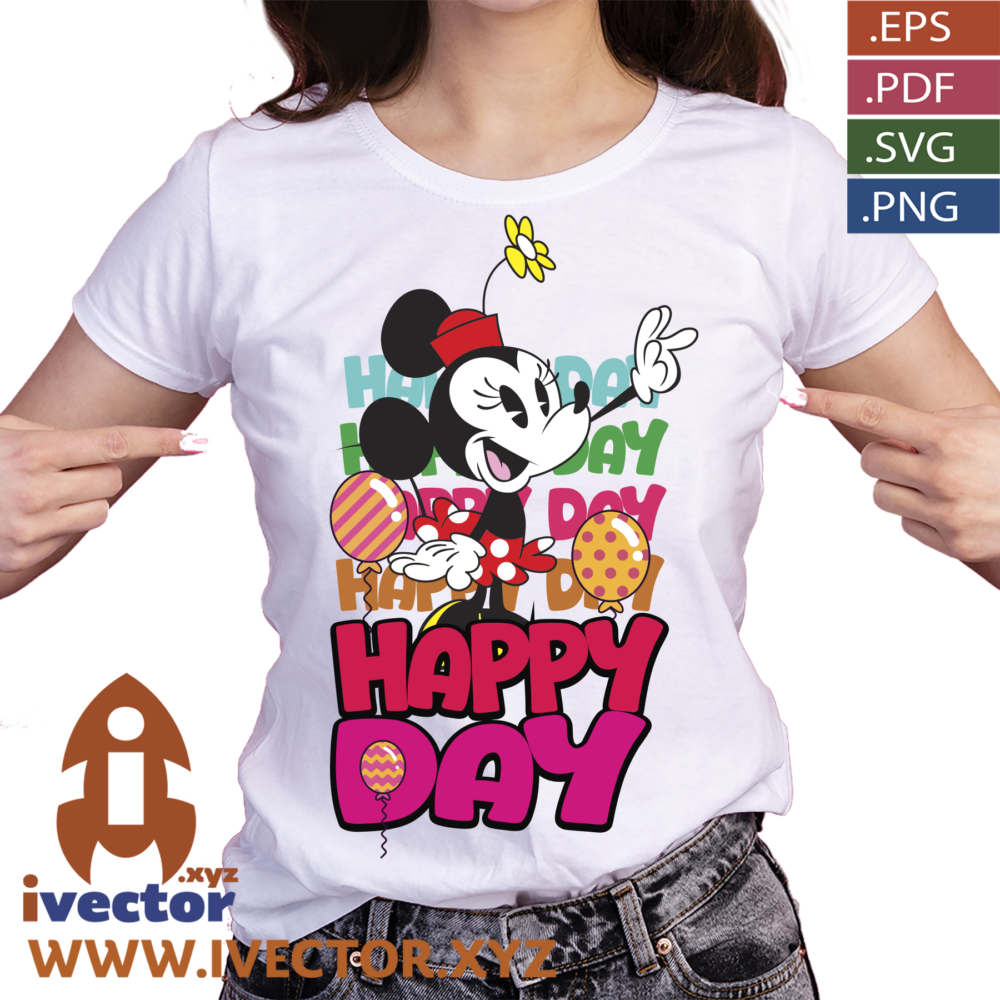 MINNIE-HAPPY-DAY-VECTOR-EDITABLE-EPS-PDF_P1 Happy Day con Personaje Femenino de Caricatura – Diseño Vectorial para Cumpleaños, Fiestas y Camisetas