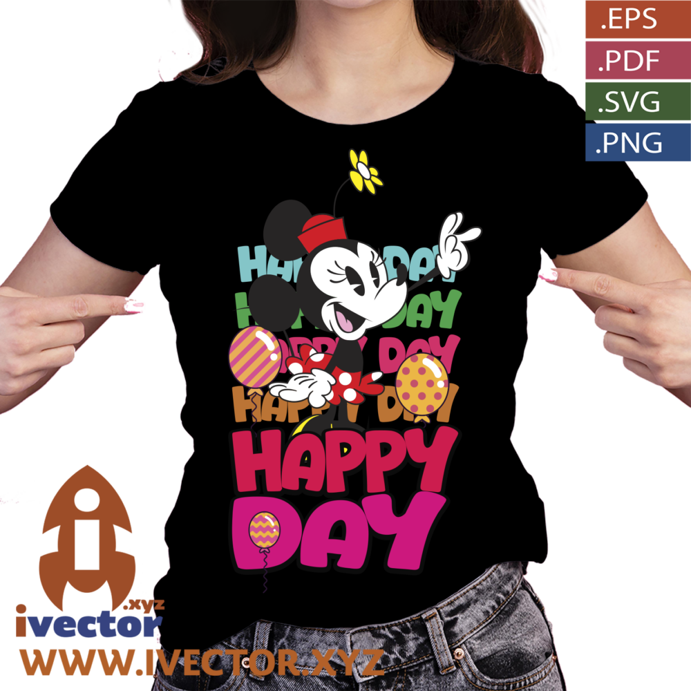 MINNIE-HAPPY-DAY-VECTOR-EDITABLE-EPS-PDF_P2 Happy Day con Personaje Femenino de Caricatura – Diseño Vectorial para Cumpleaños, Fiestas y Camisetas