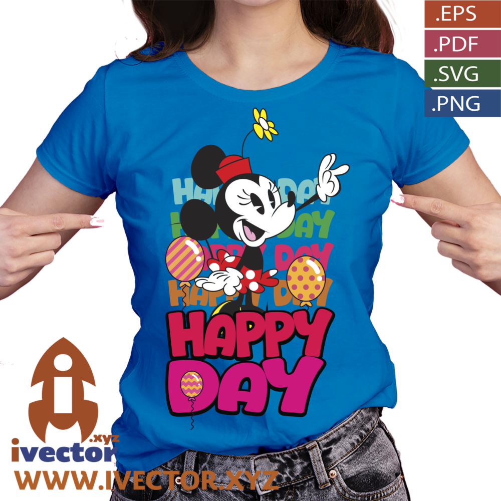 MINNIE-HAPPY-DAY-VECTOR-EDITABLE-EPS-PDF_P3 Happy Day con Personaje Femenino de Caricatura – Diseño Vectorial para Cumpleaños, Fiestas y Camisetas