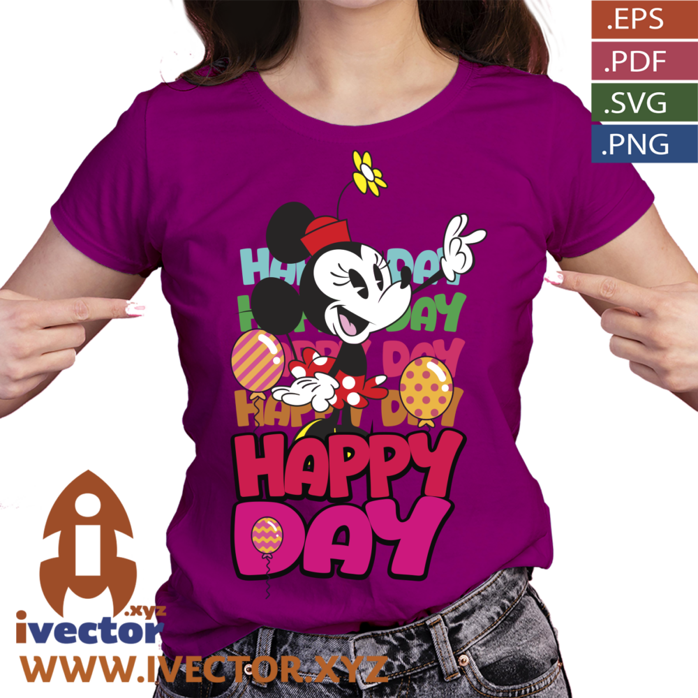 MINNIE-HAPPY-DAY-VECTOR-EDITABLE-EPS-PDF_P4 Happy Day con Personaje Femenino de Caricatura – Diseño Vectorial para Cumpleaños, Fiestas y Camisetas