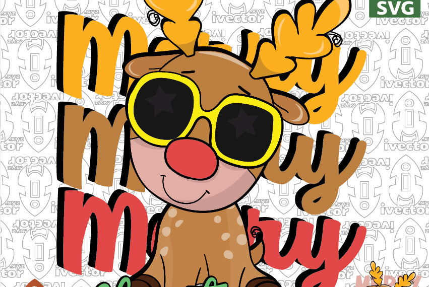 Merry Merry Merry Christmas Reindeer SVG | Reno Navideño Kawaii con Gafas para Sublimación y Camisetas