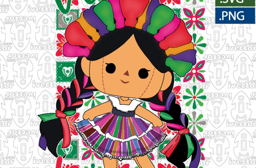 Niña Mexicana con Vestido Tradicional y Flores Coloridas – Mexican Folk Art Girl Vector