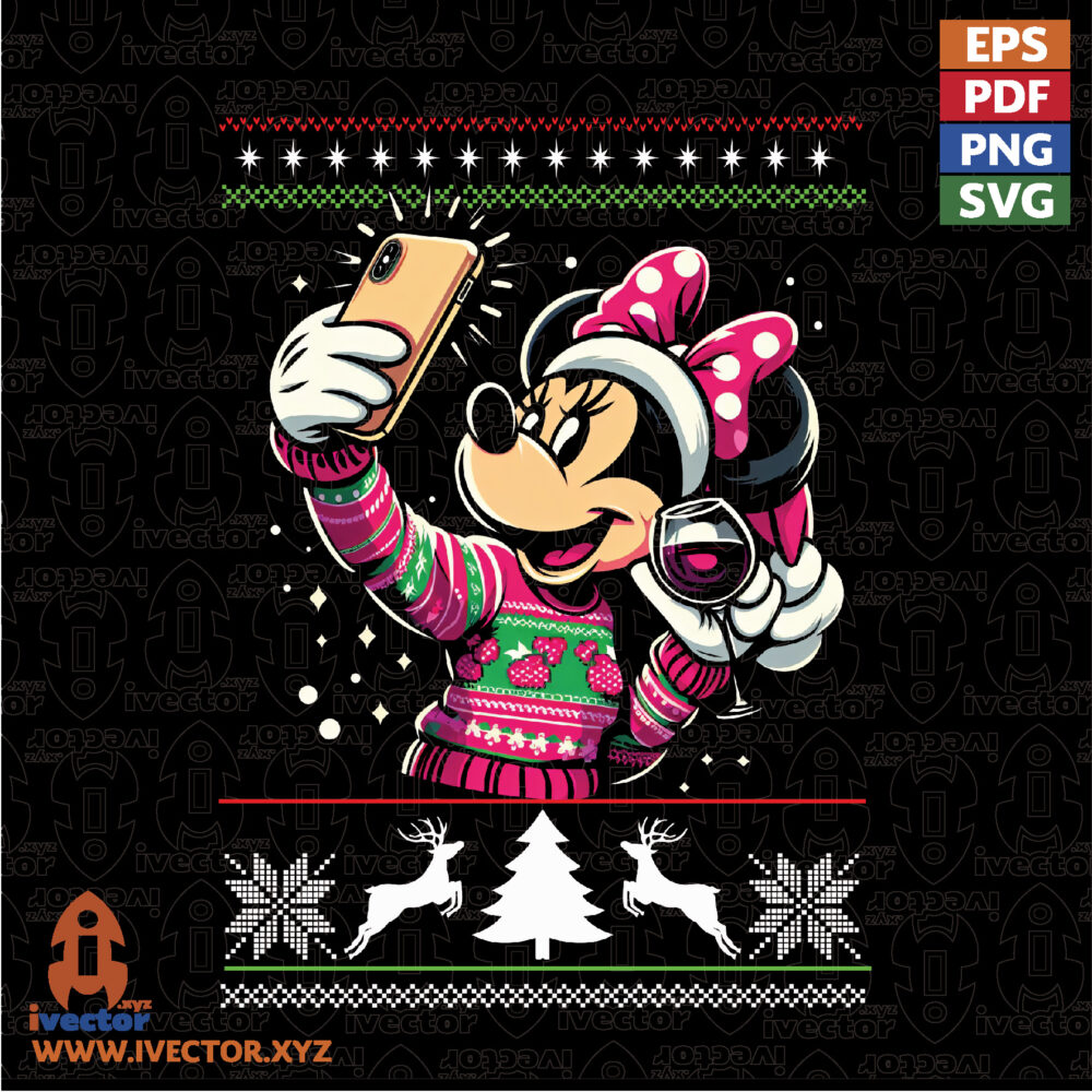 Ratoncita-Navidena-Selfie-con-Copa-–-Vector-Sueter-Ugly-Sweater-EPS-PDF-PNG-SVG VECTORES Y RECURSOS