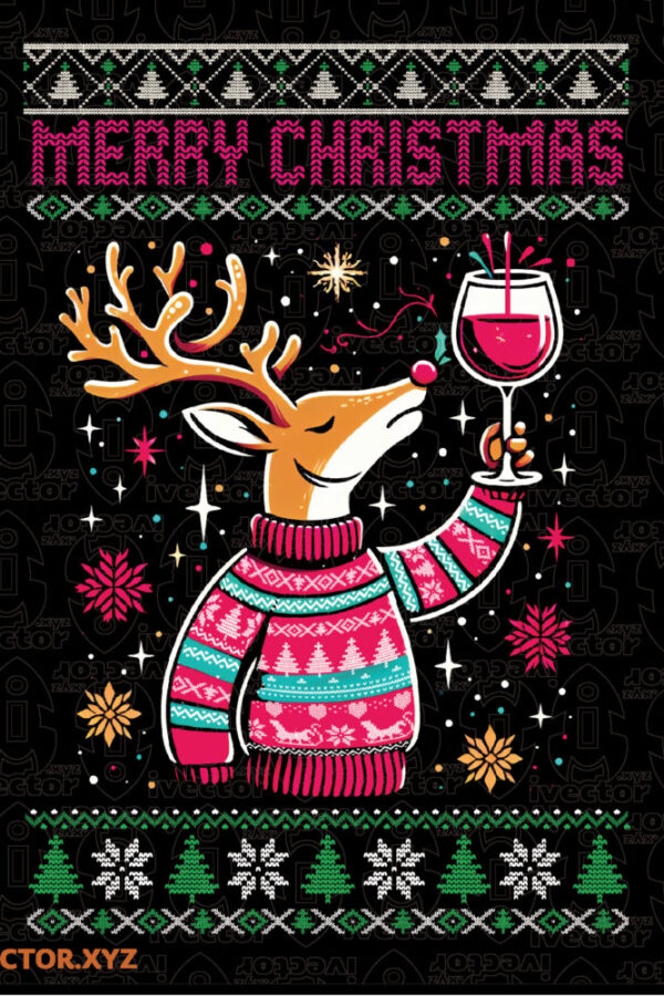 Vector-Navideno-Estilo-Ugly-Sweater-Reno-Divertido-Tomando-Vino-600x900 VECTORES Y RECURSOS