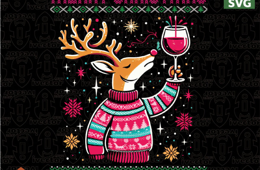Vector Navideño Estilo Ugly Sweater: Reno Divertido Tomando Vino