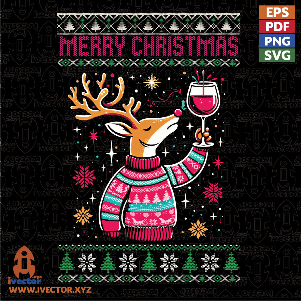 Vector-Navideno-Estilo-Ugly-Sweater-Reno-Divertido-Tomando-Vino VECTORES Y RECURSOS